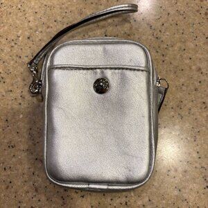 Coach Metallic Silver Leather Wristlet Phone Case Zip Pouch